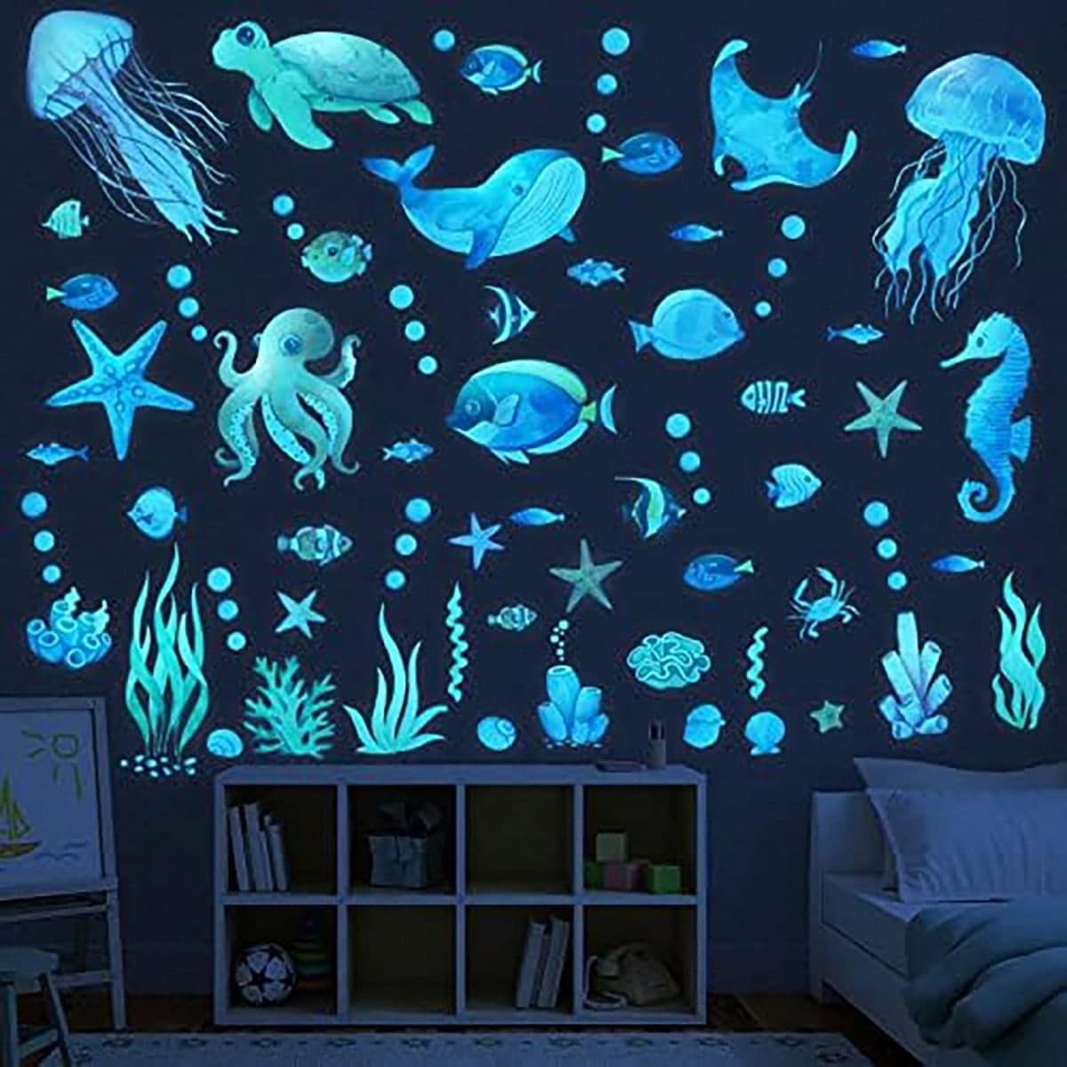 1 set Adesivo da parete fluorescente con motivo di animali e stelle; Decalcomania artistica creativa del mondo sottomarino; Adesivo da parete che