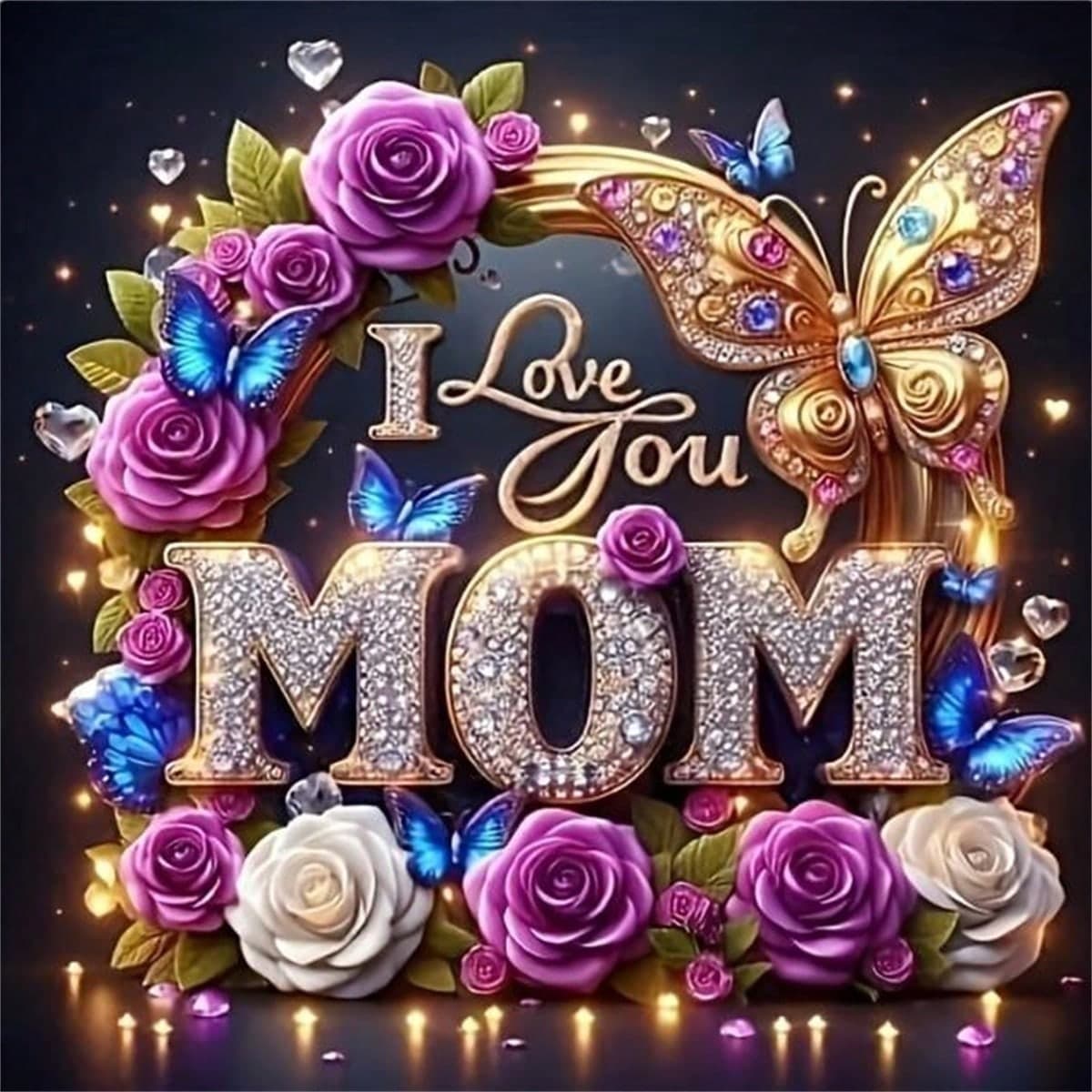 Kit di pittura di diamanti 5D "Ti amo, mamma" - con fiori di cristallo in fiore e farfalle, tela ricamata con diamanti rotondi, regalo ideale per la