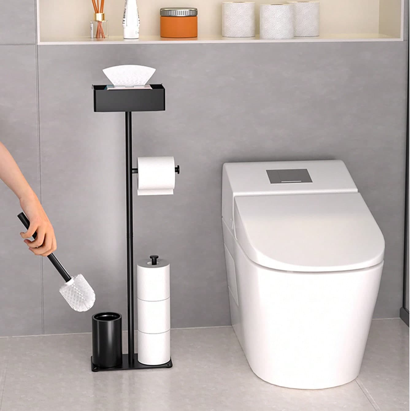 1 pezzo Portarotolo di carta igienica impermeabile con spazzola per il WC, scaffale di stoccaggio verticale integrato, accessori per il bagno,