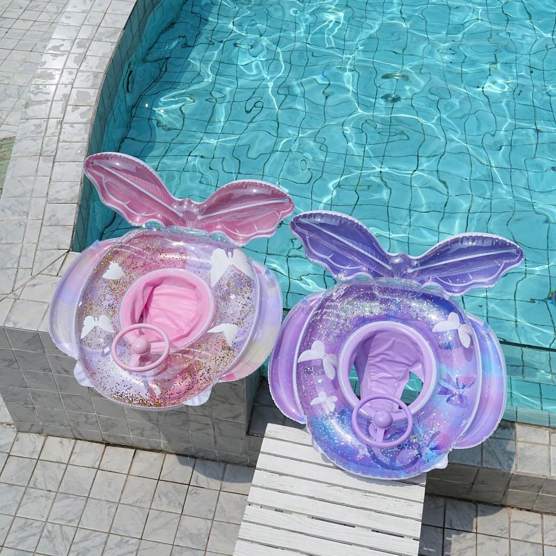 Anello da nuoto a forma di coda di sirena gonfiabile per bambini, colore viola e rosa, in materiale PVC con luci e volante