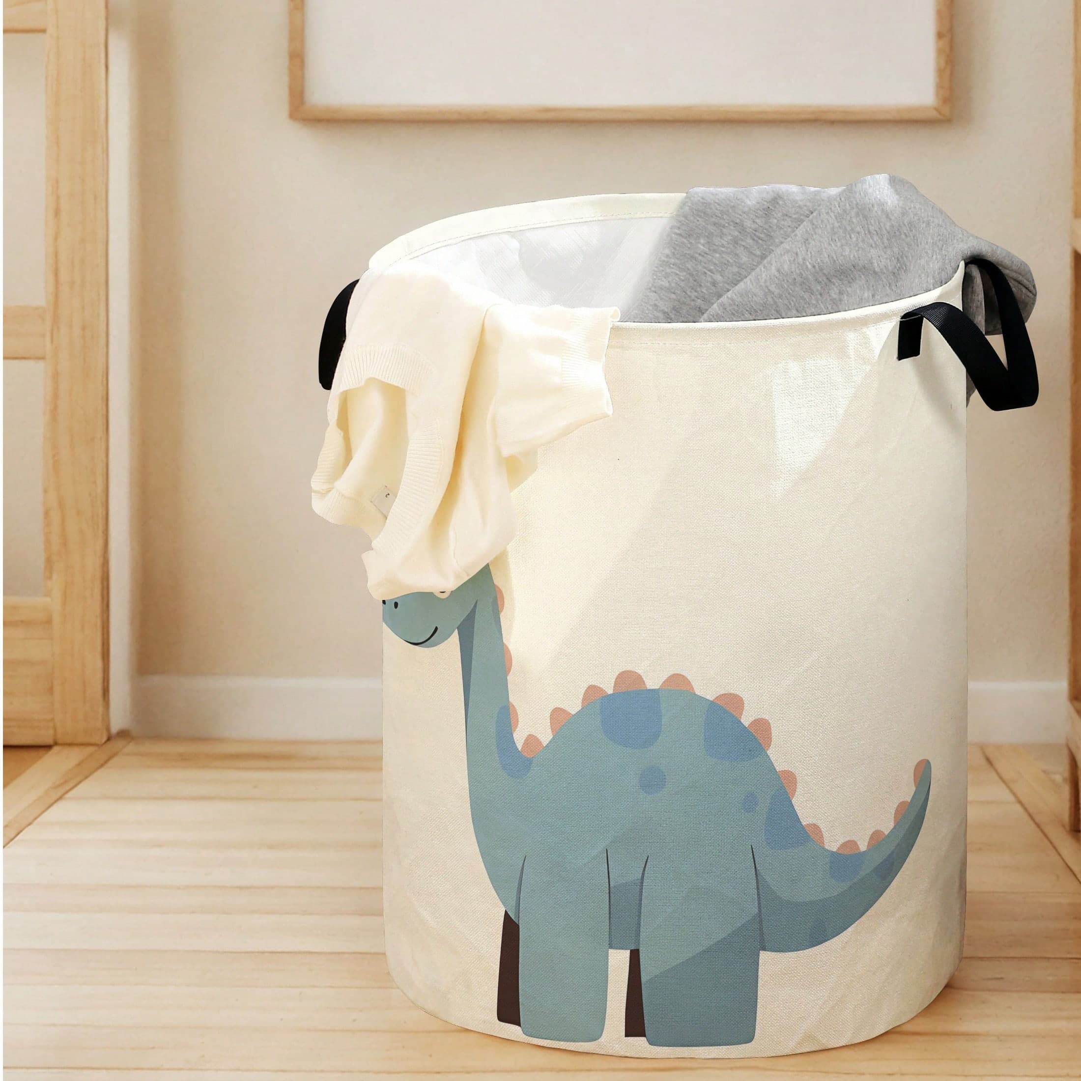 1 pezzo Cestino rotondo pieghevole con motivo dinosauro carino, grande capacità, con manico, cestino multiuso per bagno, camera, cestino per bucato,