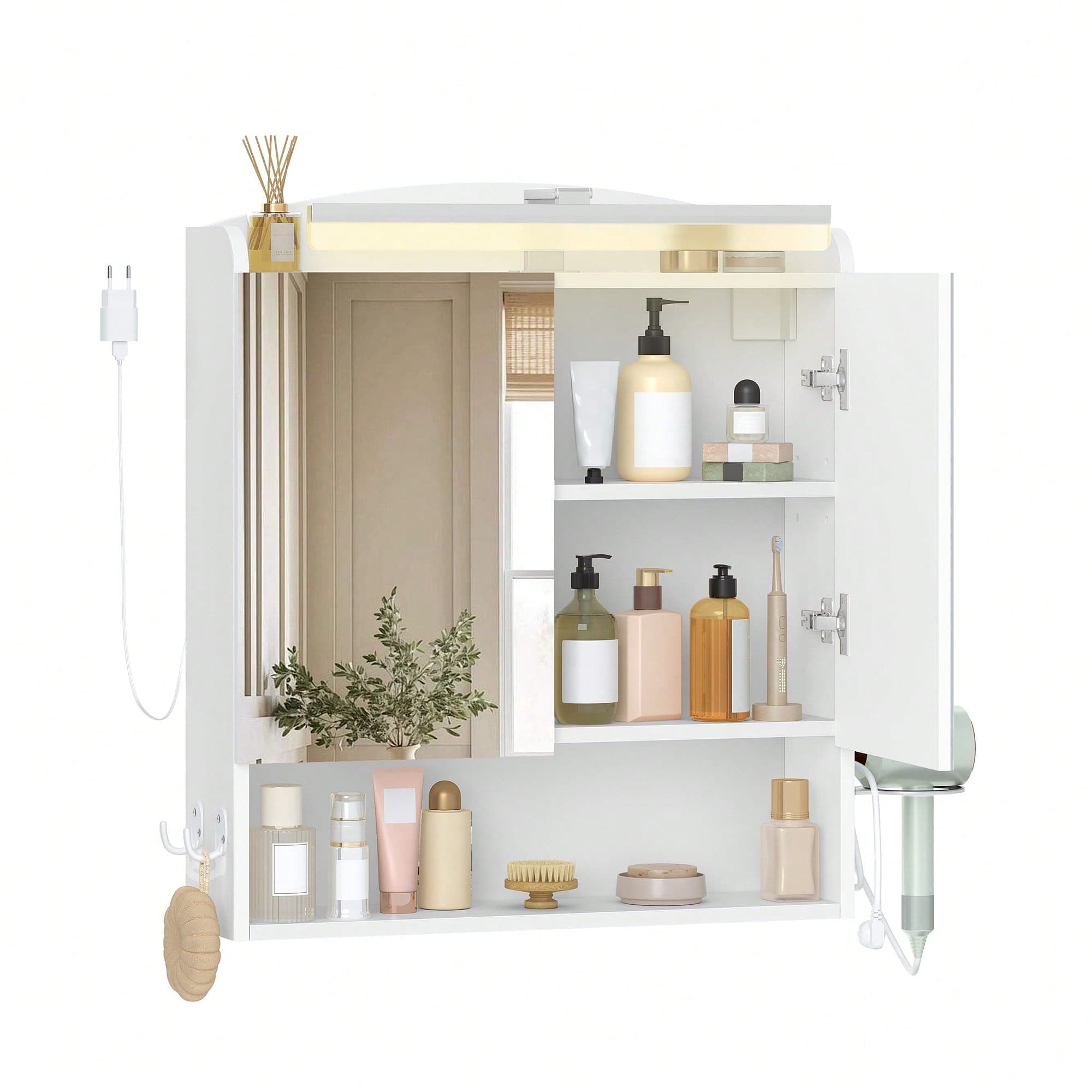 Mobiletto per Bagno da Parete, Mobiletto a specchio con illuminazione a LED, porta asciugacapelli e ganci, mobile bagno sospeso, con Ripiano