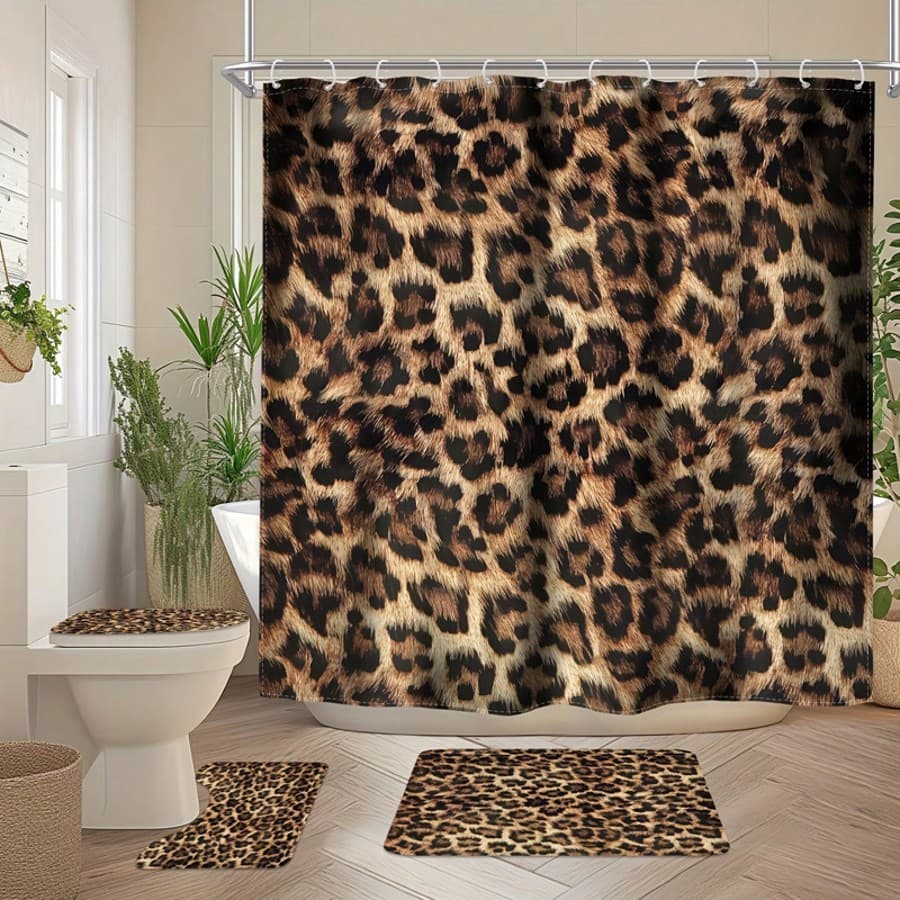 Set da bagno a 4 pezzi con stampa leopardata - Tenda da doccia artistica impermeabile con stampa floreale leopardata moderna e sexy con 12 ganci,