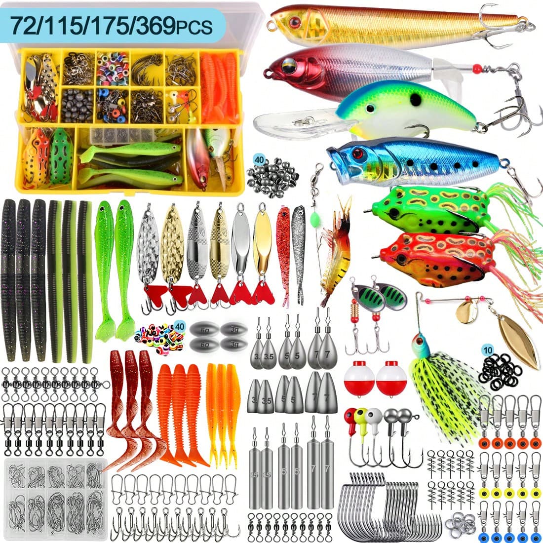 Set di esche per pesca da 72/115/175/369 pezzi, box attrezzatura da pesca che include esche animate, crankbait, spinner, vermi in plastica morbida,