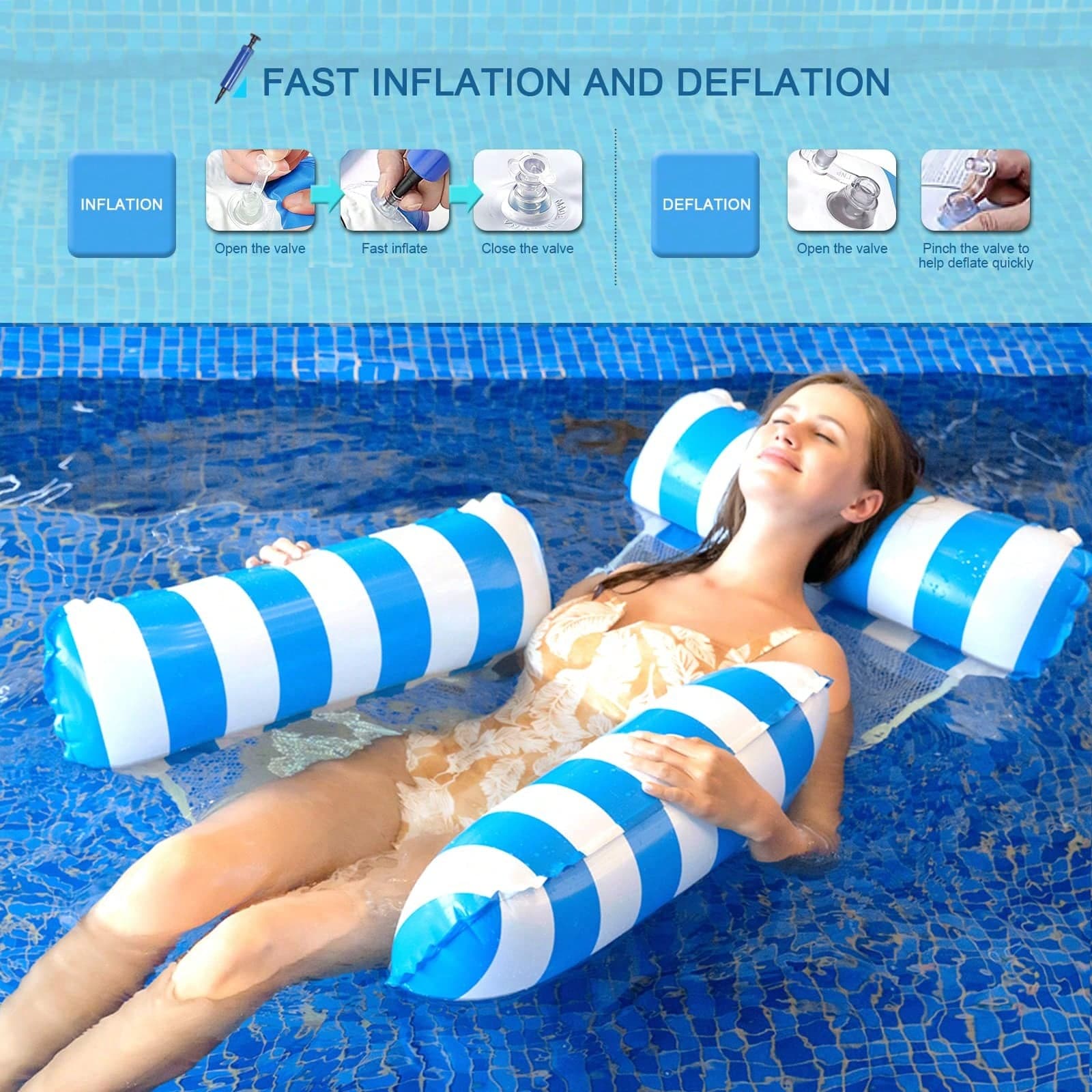 Galleggiante da piscina 4-in-1 (amaca, sella, sedia lounge, letto galleggiante), amaca gonfiabile da piscina (include pompa d'aria di colore casuale),
