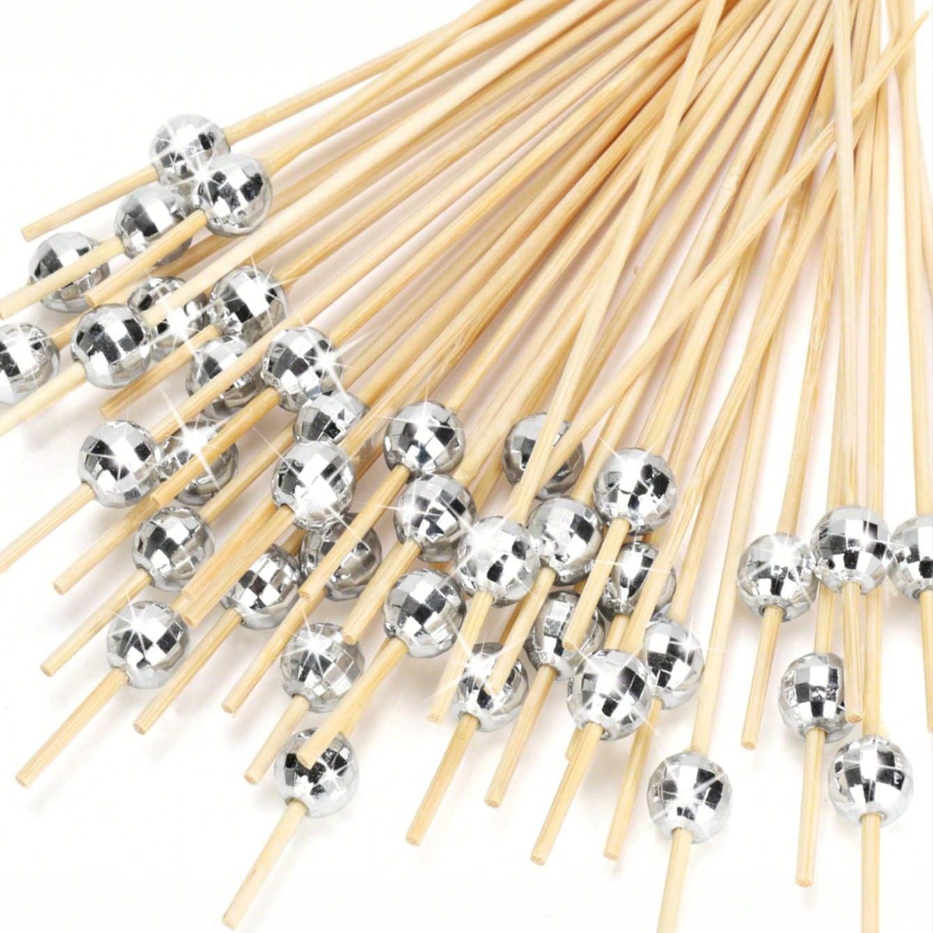 100 pezzi Stuzzicadenti per cocktail, Stuzzicadenti decorativi a sfera da discoteca, adatti per antipasti, bevande, cibo, eleganti spiedini in bambù,