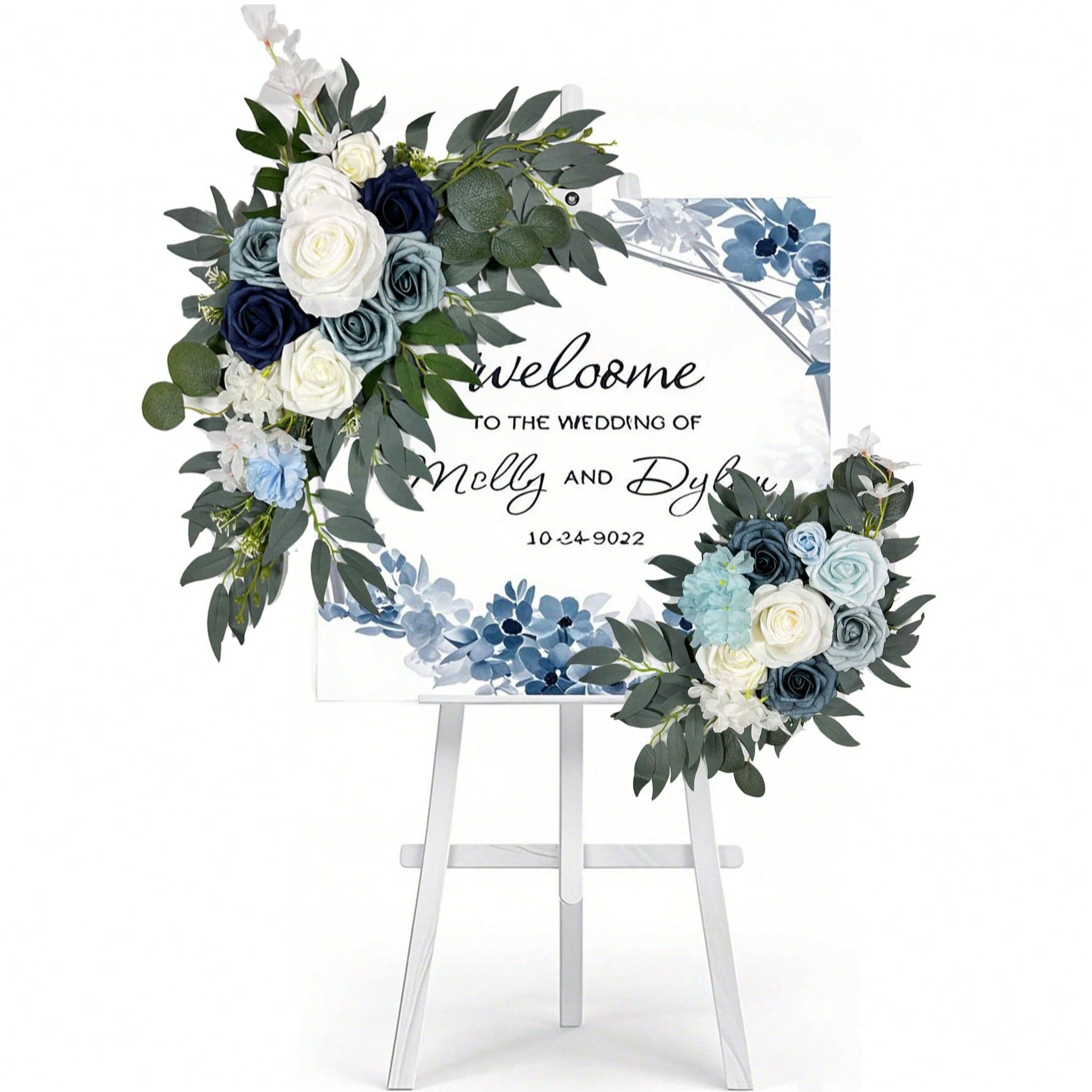 2 pezzi/Set Arco floreale artificiale blu polveroso (2 pezzi), Decorazione per arco da matrimonio e cartello di benvenuto, adatto per cerimonia e