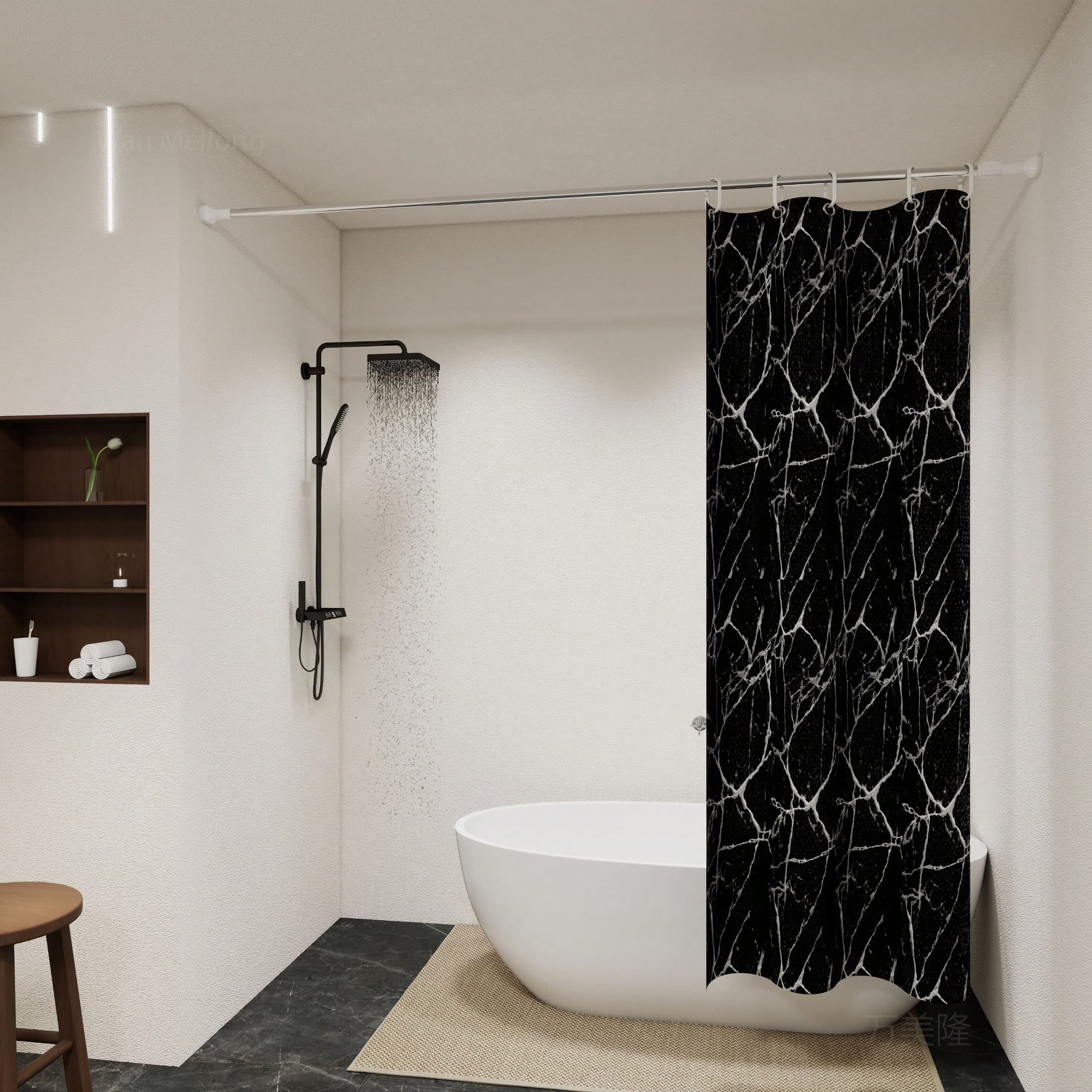 Tenda da doccia in stile premium con motivo in marmo nero, di stile lussuoso, facile da pulire, resistente all'acqua, opaca, adatta per bagni, hotel,