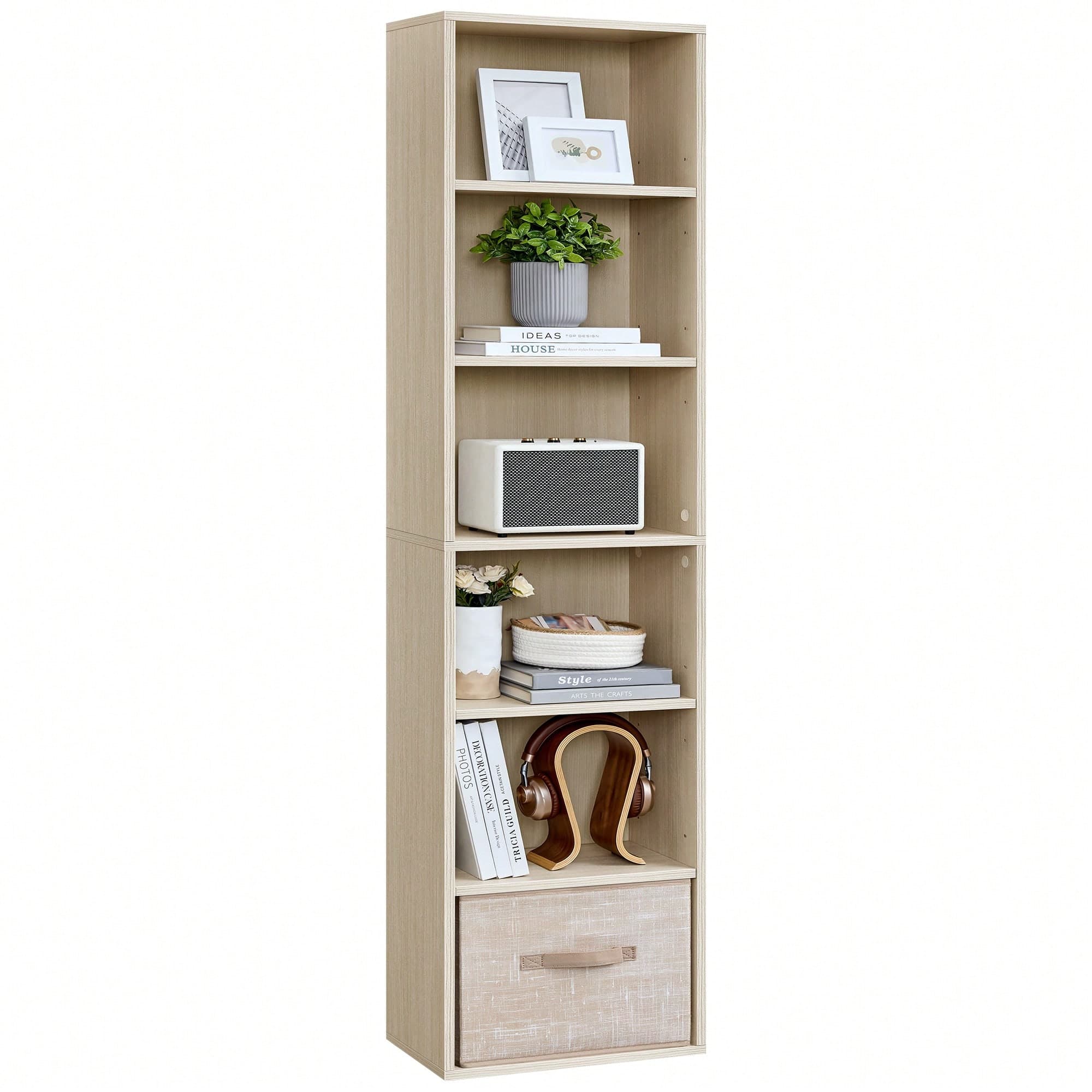 Libreria, Scaffale Libreria a 6 Ripiani, Scaffale Portaoggetti Aperto, 24 x 40 x 178,5 cm, per Soggiorno Studio Sala da Pranzo, Beige Naturale