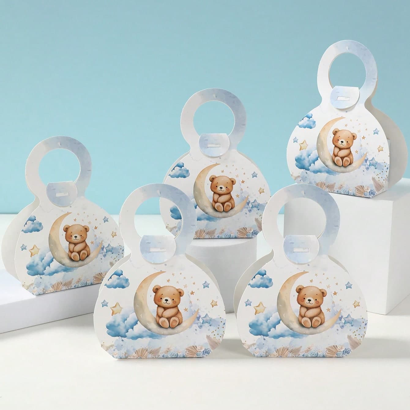 12 pezzi Scatola regalo per doccia per bebè a forma di orsetto blu (con manico), scatola regalo in carta per doccia per bebè con nuvole e orsetti