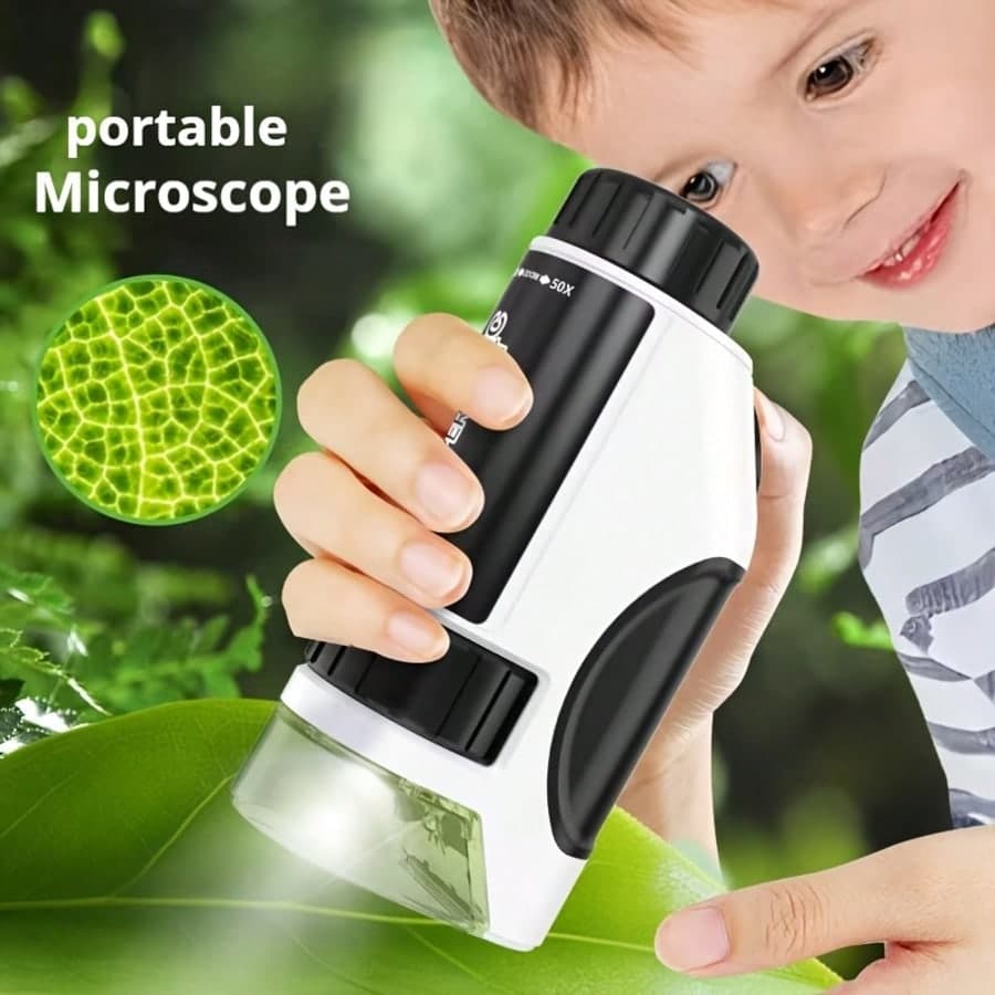 Microscopio portatile tascabile con luce LED, ingrandimento 50X-300X, ottimo per esplorazioni naturali indoor ed all'aperto, un regalo educativo
