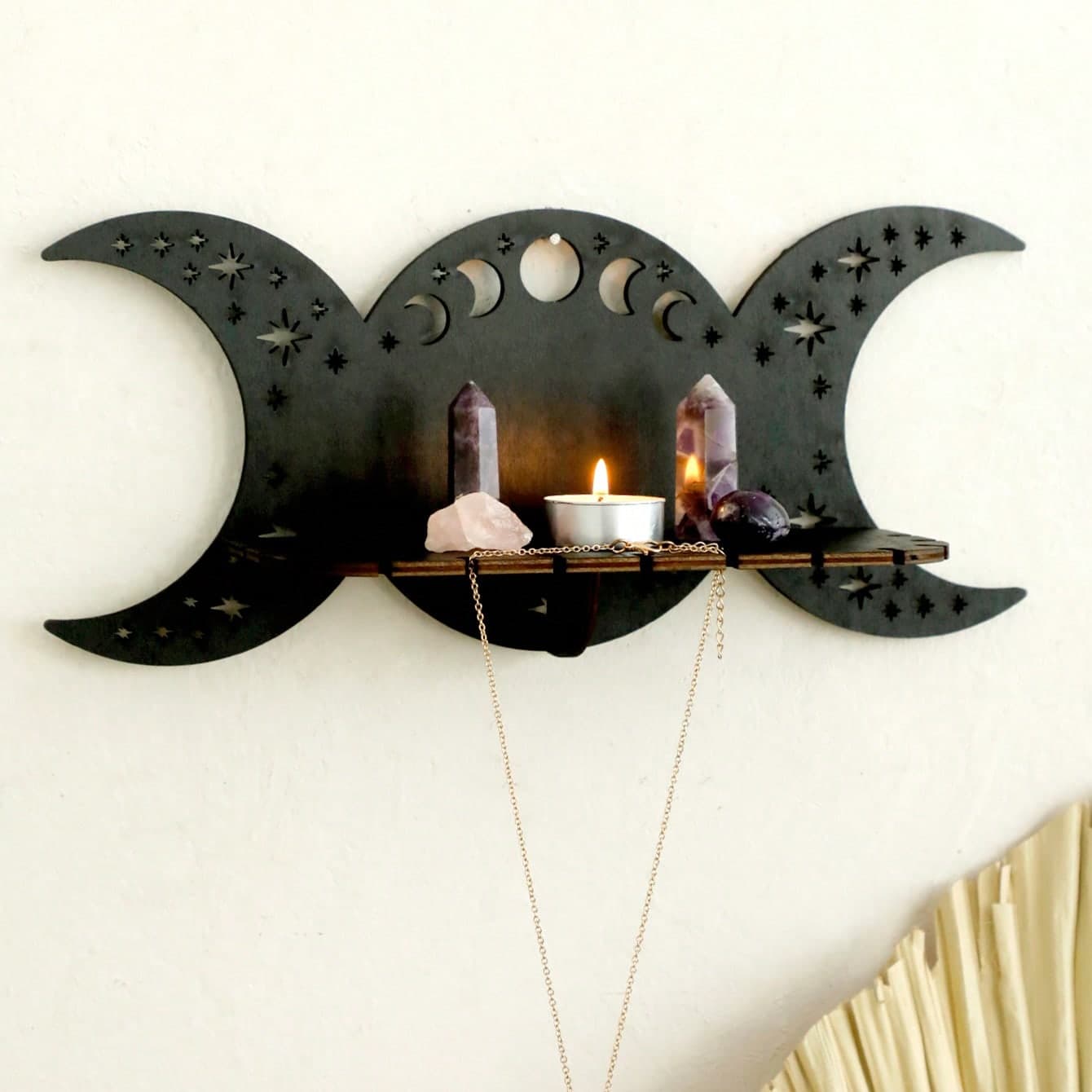 1 pezzo Supporto in legno nero a tre fasi lunari per esposizione di cristalli, rastrelliera da parete spirituale per altare da strega con design a