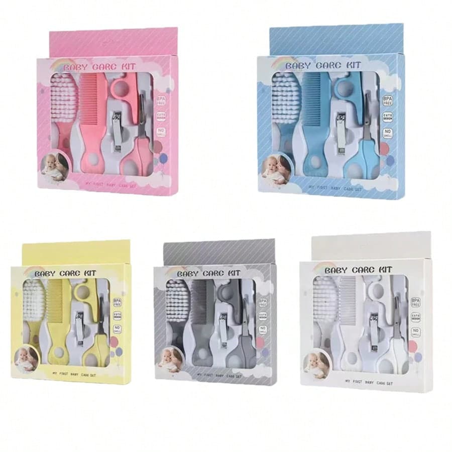 Set di 6 pezzi di articoli per la cura del bambino con manici a cartoni animati nei colori blu, rosa, giallo, grigio e bianco, inclusi prodotti per la