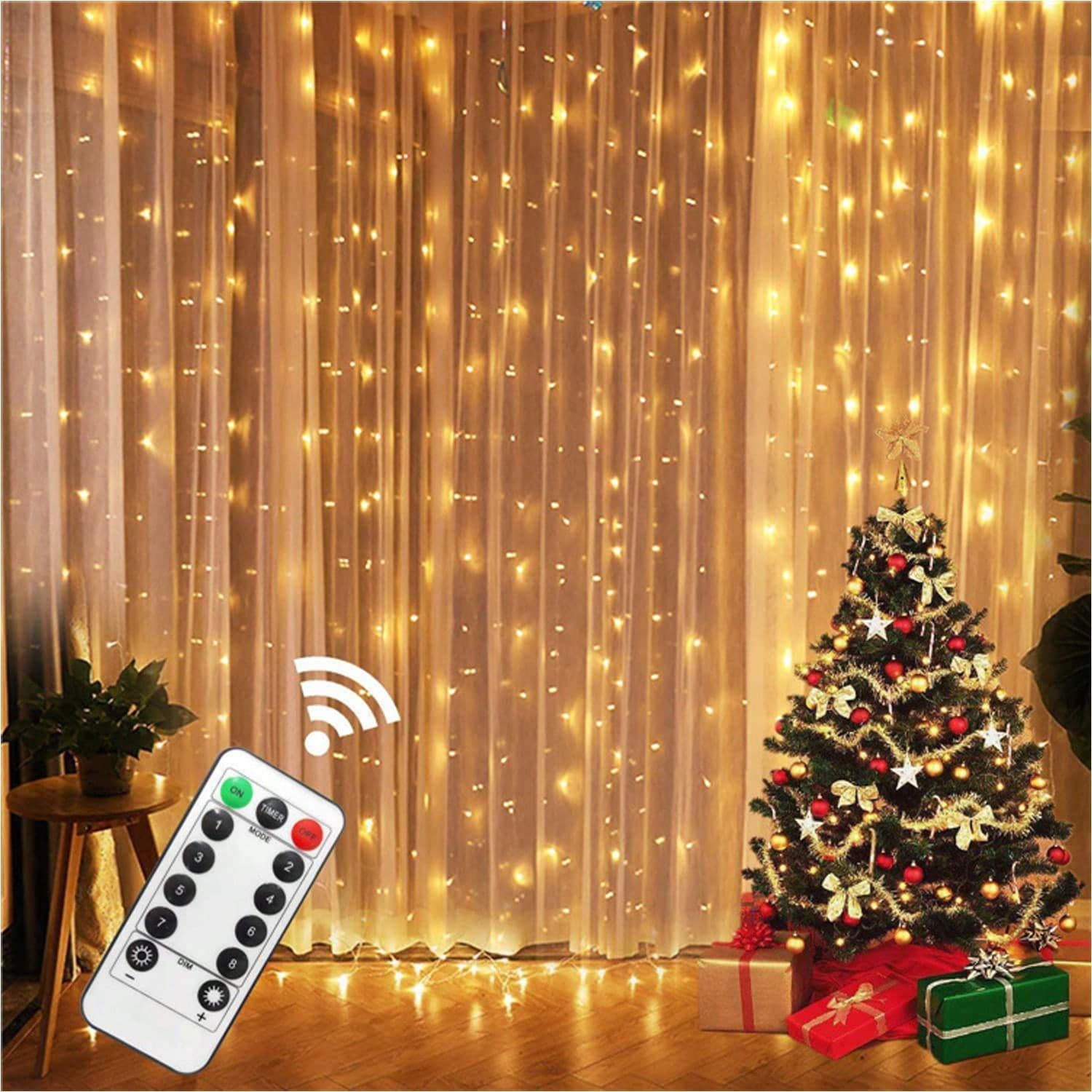 1 pezzo Luci a tendina da 3 m con 100/200/300 LED, luci a stringa a luce calda con 8 modalità, alimentate tramite USB, con telecomando, adatte per