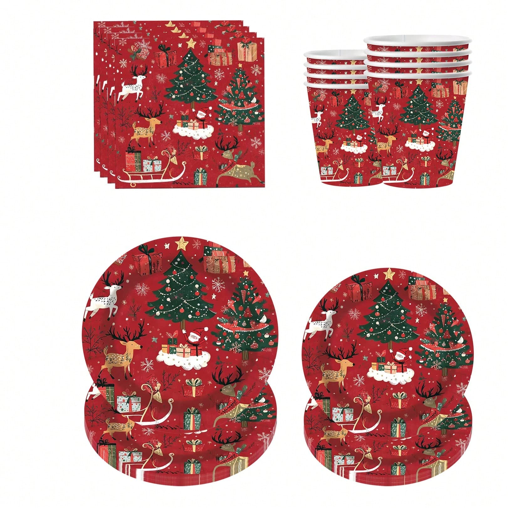 10 pezzi Set di stoviglie a tema natalizio rosso vino per feste di Natale, con piatti, tovaglioli, bicchieri e accessori decorati con albero di