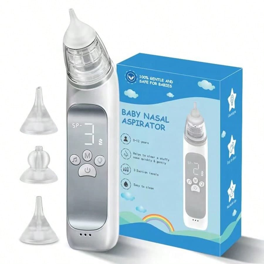 Aspiratore nasale elettrico per bambini, 3 livelli di aspirazione regolabili, 3 punte di aspirazione in silicone, funzione di illuminazione e musica