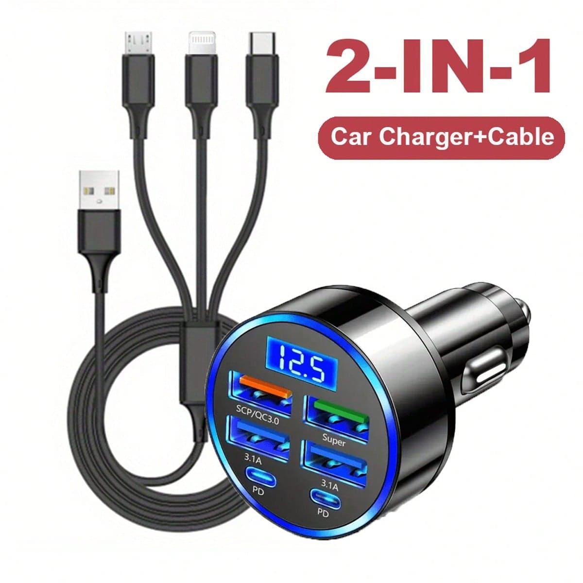 6 pezzi Adattatori caricabatterie per auto con cavi di ricarica intrecciati 3 in 1, compatibili con , set di ricarica per auto