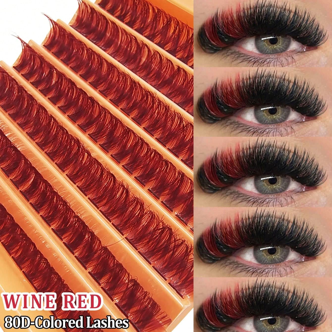 126 pezzi/confezione Ciglia finte individuali rosse vino spesse e arricciate, 80D, naturali e morbide, 14mm, adatte per principianti fai-da-te,