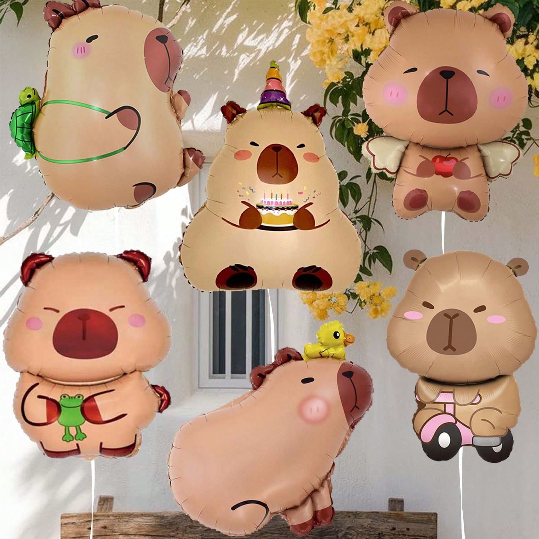 Set da 6 palloncini a forma di capibara con cappello da compleanno e torta - colori misti vivaci, adatti per decorazioni per feste di compleanno di