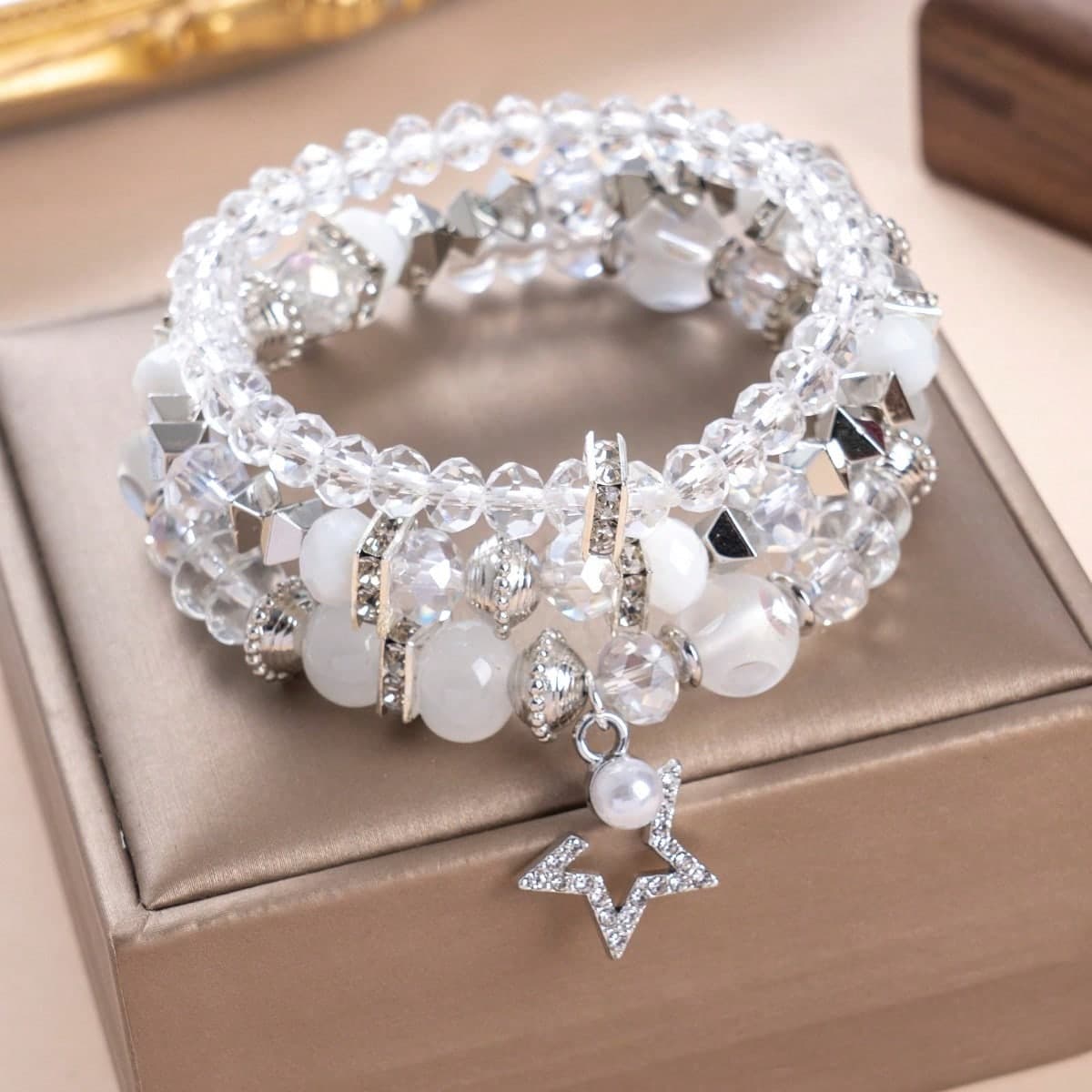 Set di braccialetti da donna in stile bohémien con cristalli e perline, in lega color argento