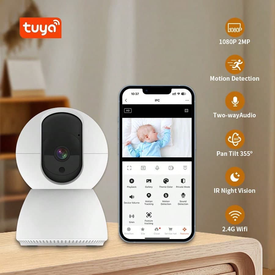 Monitor per neonati 1080P, Telecamera PTZ WiFi 2.4G, Rotazione/Inclinazione 355°, Visione Notturna, Audio Bidirezionale, App Tuya, Memoria TF/Cloud