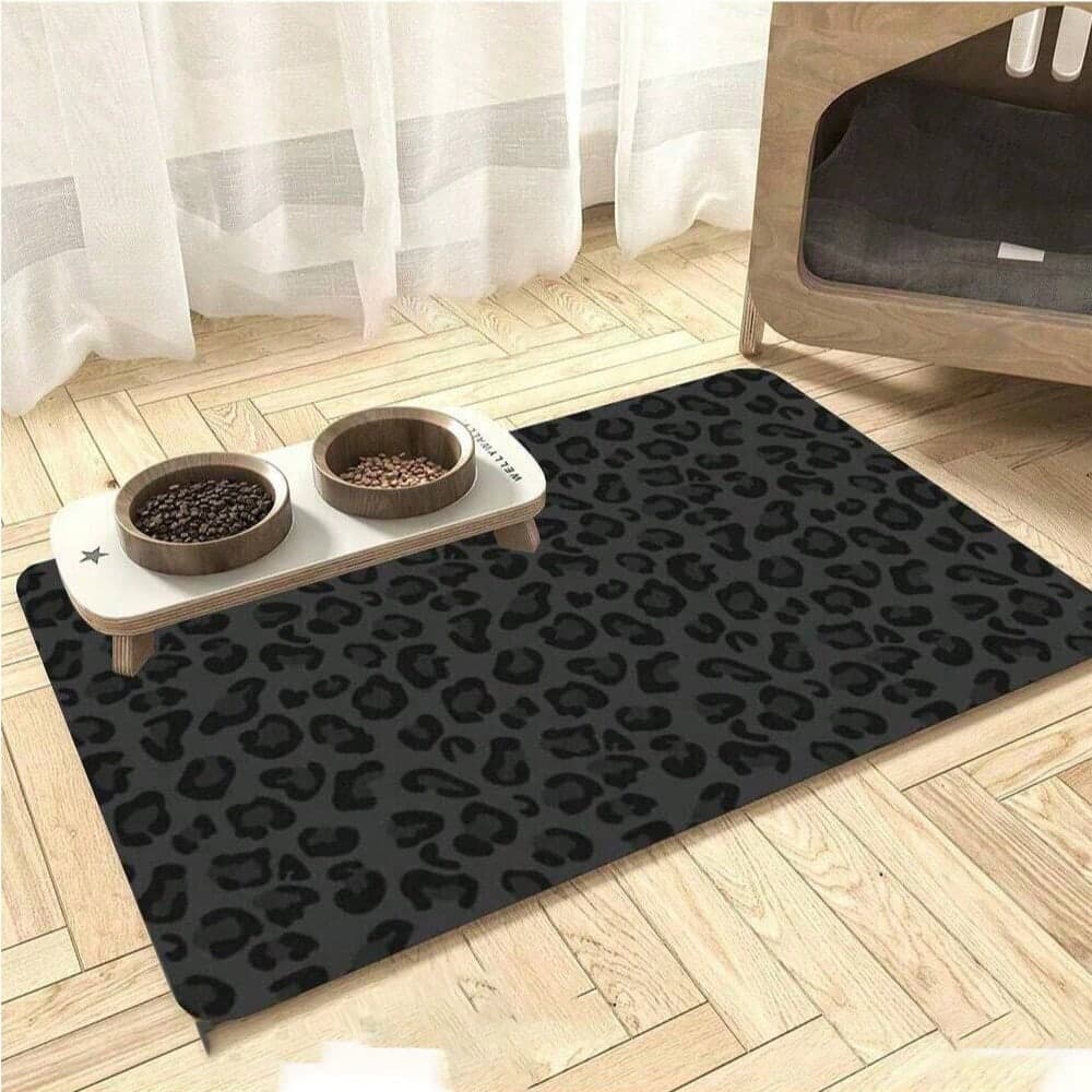 1 pezzo Tappetino per ciotola per animali domestici con stampa leopardata nera, fondo in gomma antiscivolo, superficie assorbente e facile da pulire,