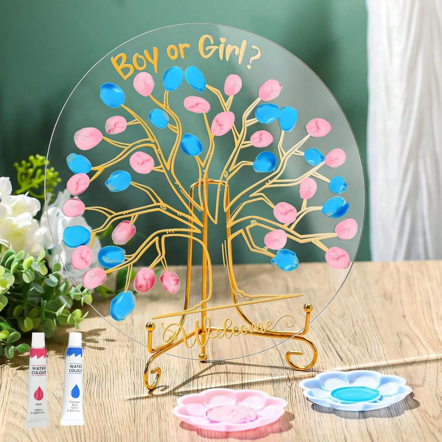 Albero delle impronte digitali per la rivelazione del sesso del bambino, idee per feste di festa di nascità, libro degli ospiti, gioco di gruppo per