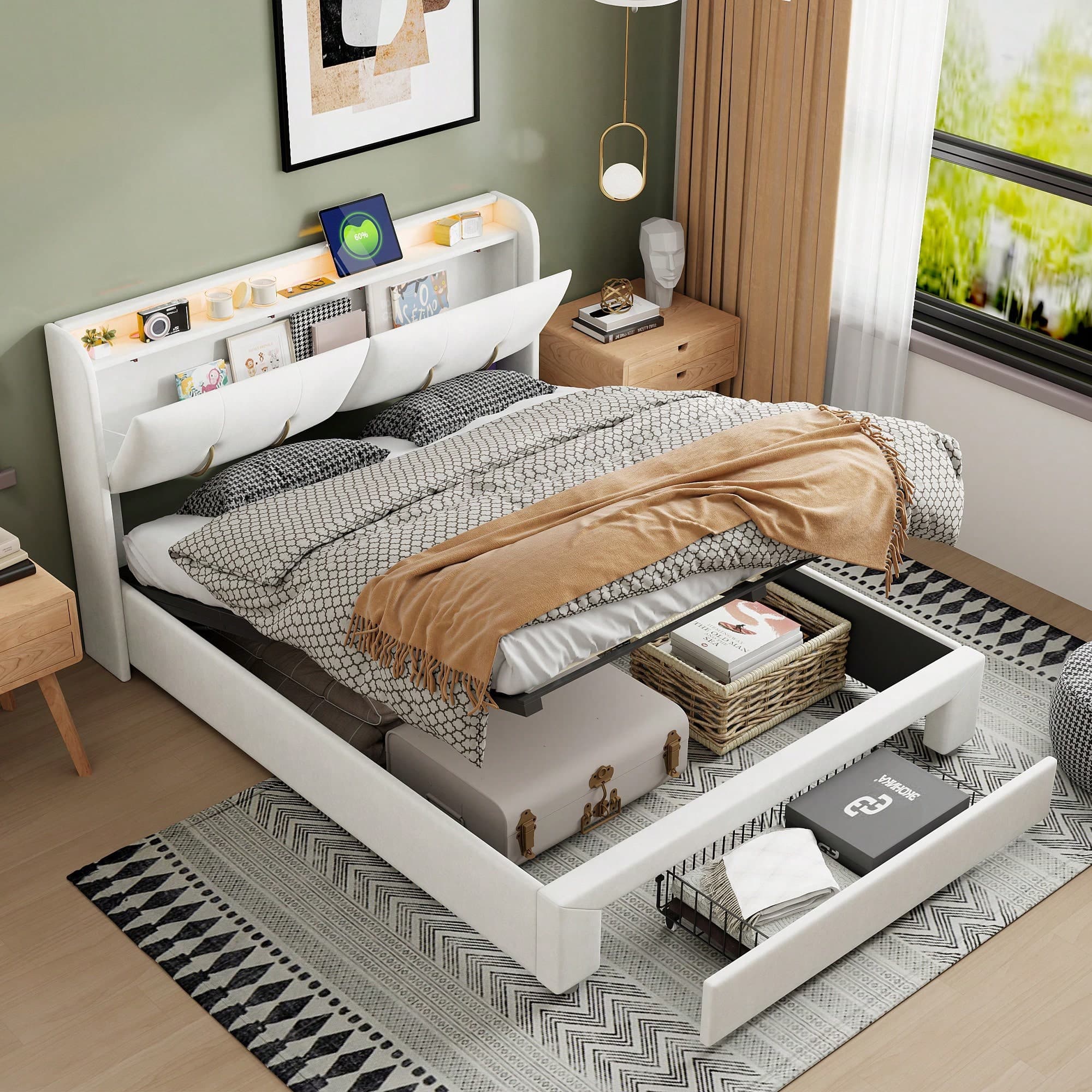 MISNODE Letto imbottito 140/160*200cm, letto contenitore idraulico, struttura letto matrimoniale con testiera contenitore e cassetti contenitore,