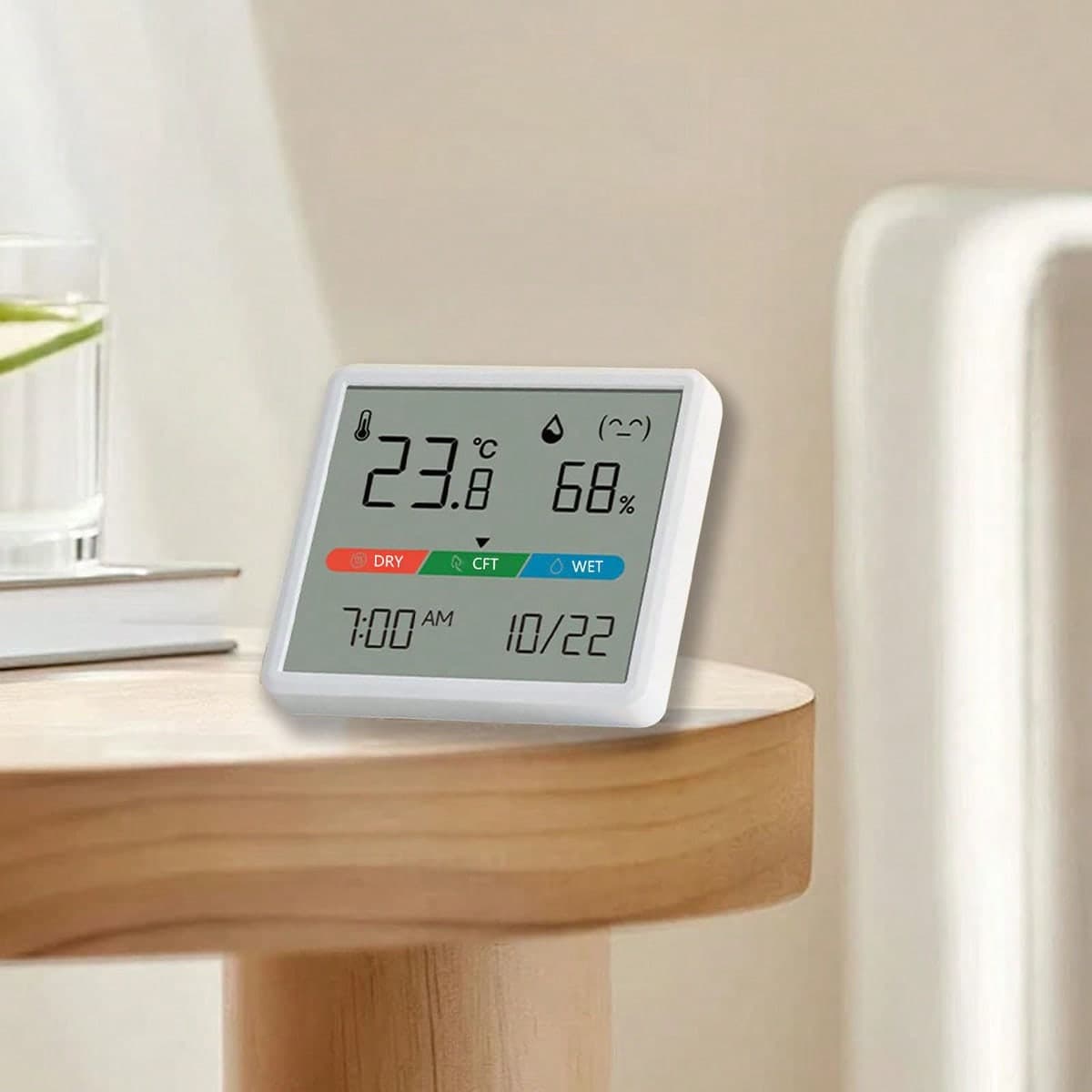 Termometro e igrometro per la casa con display grande e colorato, che mostra chiaramente temperatura, umidità e informazioni sul calendario, monitora