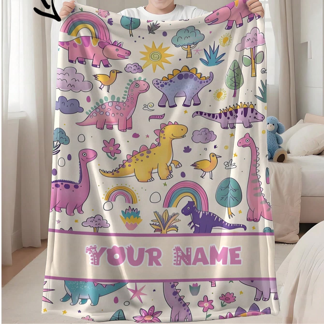 1 pezzo, Coperta personalizzabile con testo, Coperta con dinosauri, Adatta per ragazze, ragazzi, adulti, Coperta personalizzata, Coperta