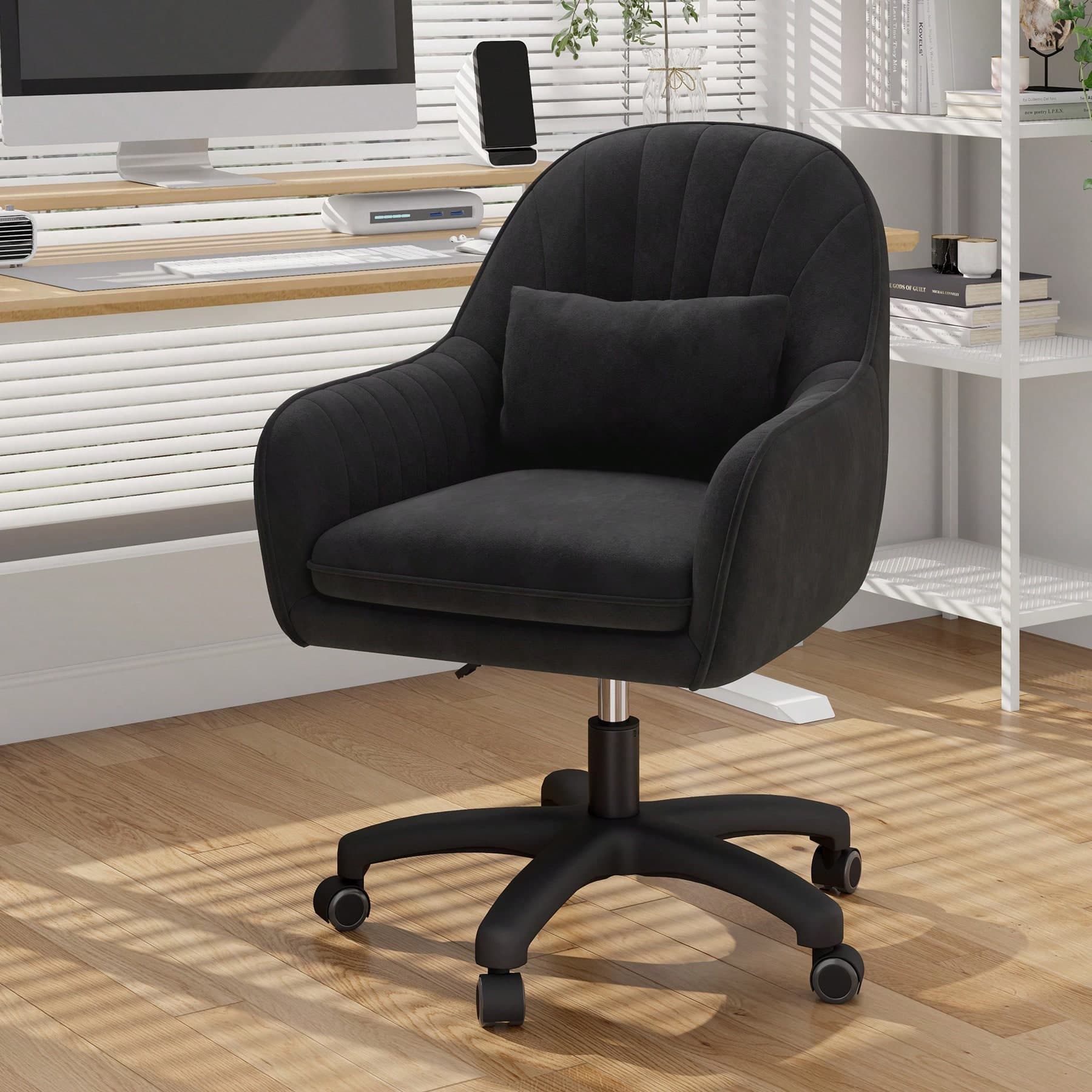 Sedia da ufficio, sedia in velluto con poggiatesta, girevole a 360°, sedia da ufficio ergonomica regolabile in altezza, sedia girevole per il trucco