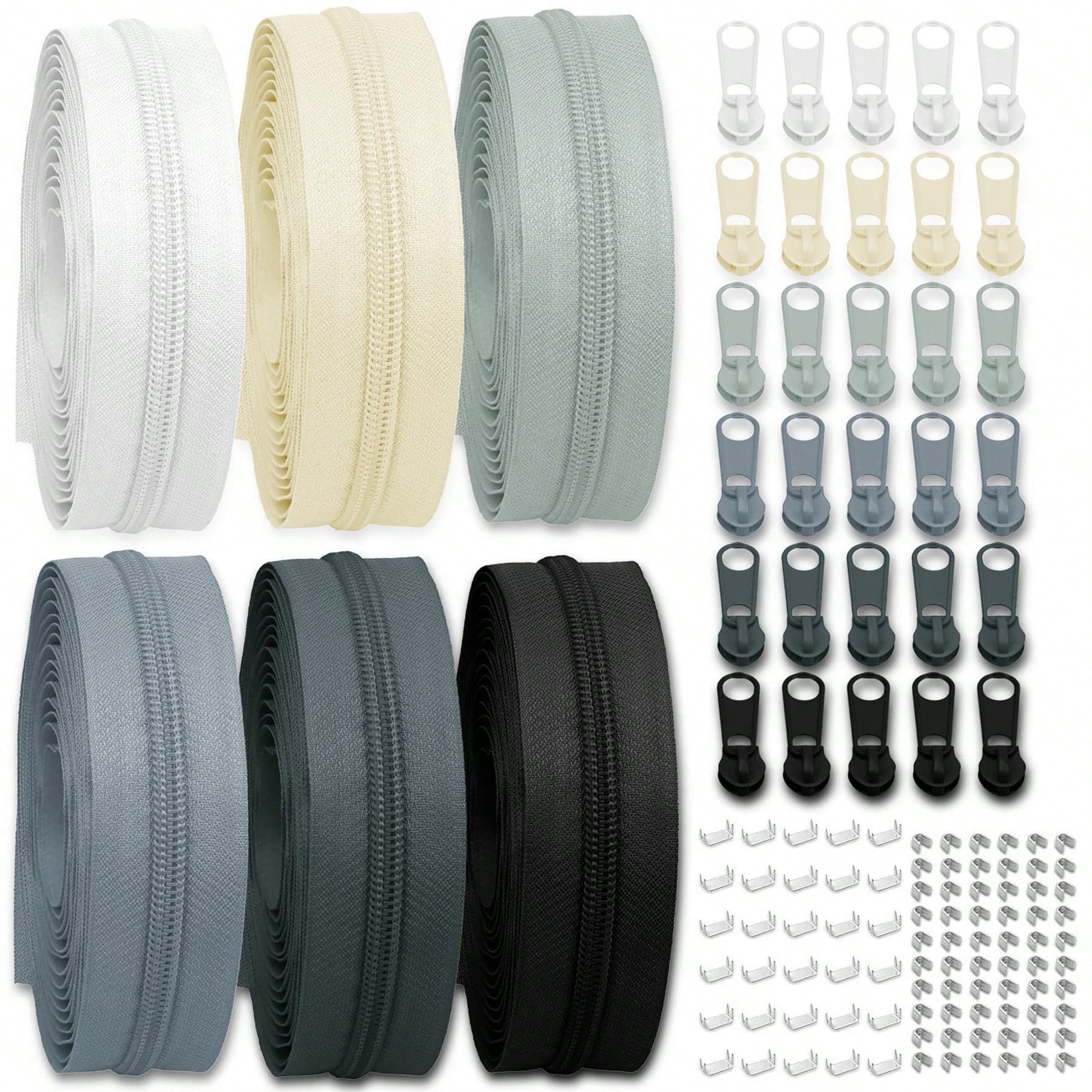 19 rotoli / 6 rotoli Cerniera in nylon a bobina di colore #5/#3, lunga 4 iarde in bobina continua di nylon con cursori, linguette e fermi per