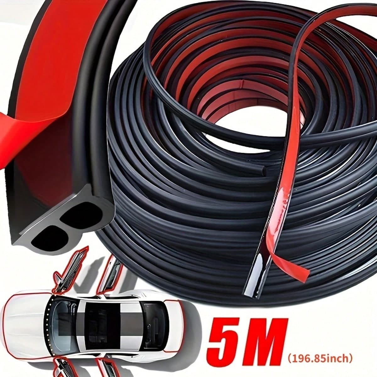 5m/196,85 pollici Guarnizione per porta auto - Gomma sintetica durevole, nera con accenti rossi, installazione lato sinistro - Parainsufficiente,