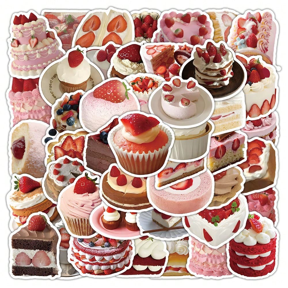 63 pezzi Adesivi di Torta alla Fragola, Design Dolce Carino, Inclusi Torte a Più Strati e Cupcake, Adesivi in Vinile Dolci, Adatti per Diari