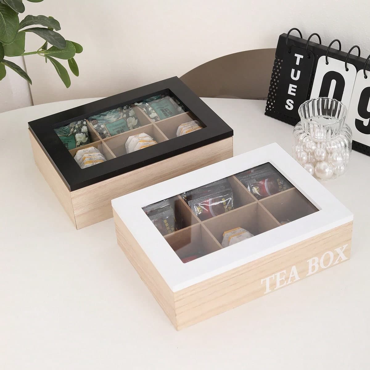 1 pezzo Scatola in legno per foglie di tè con coperchio bianco e nero, contenitore di stoccaggio minimalista in legno per tè/caffè, scatola di