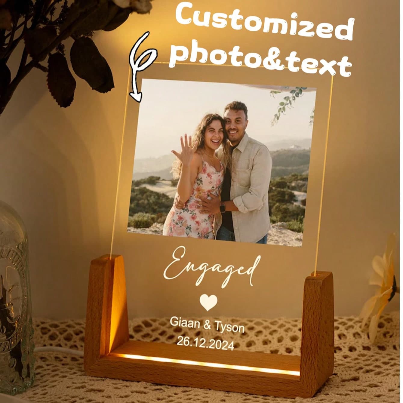 1 pezzo Placca luce notturna personalizzata con foto, lampada per coppie, cornice fotografica in acrilico personalizzata, decorazione per camera da