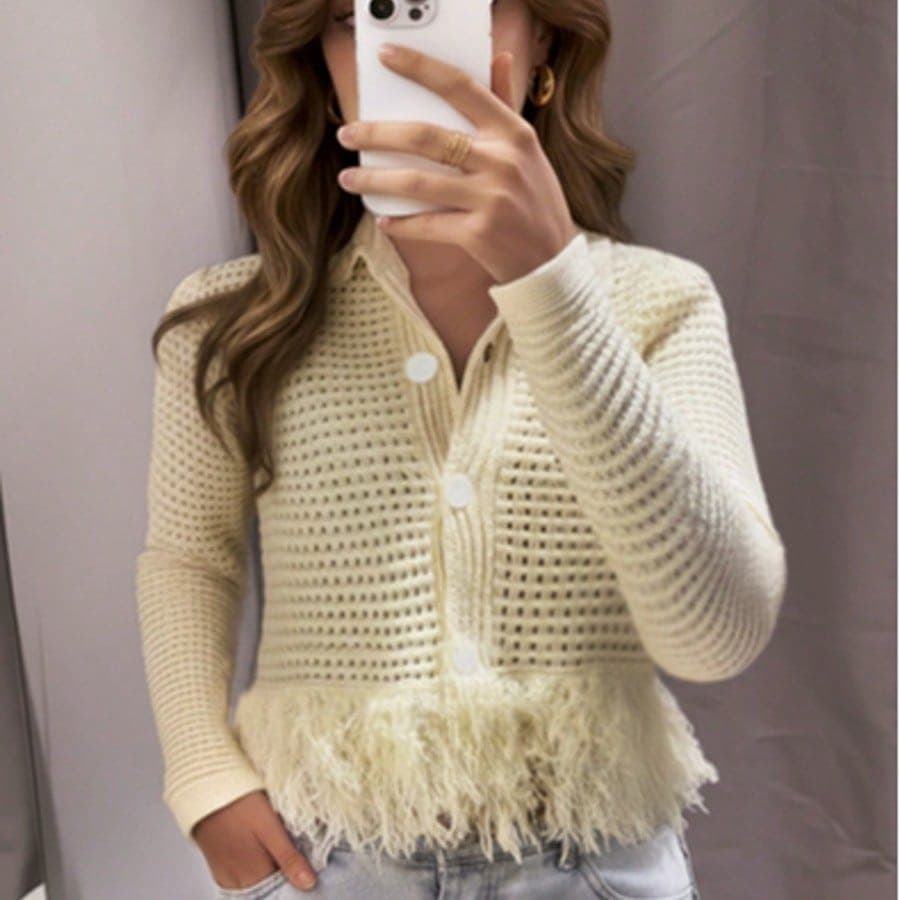Cardigan romantico lavorato a maglia, nuova giacca cardigan a maniche lunghe da donna, cardigan primaverile/estivo lavorato a maglia con frange e