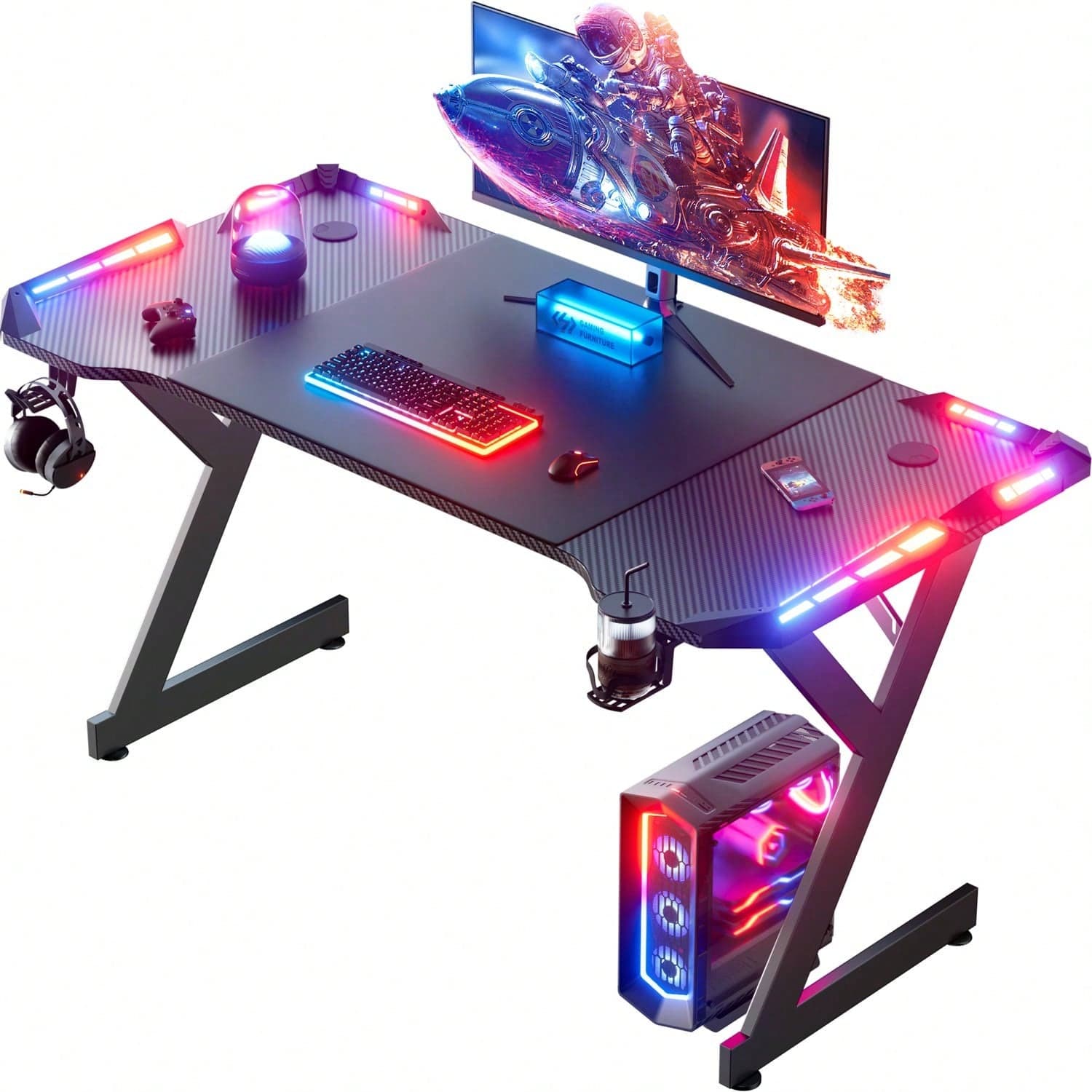 HLONONE LED Gaming Desk, Tavolo da gioco con LED, Tavolo PC stabile con rivestimento in fibra di carbonio, Tavolo da gioco con portabicchieri e gancio