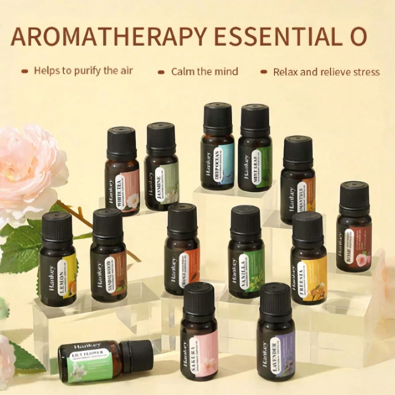 Set di 6 oli essenziali di rosa, lavanda, erbe, sandalo, fiori di ciliegio, gelsomino, con diffusore, candela, portaincenso, pietra profumata,