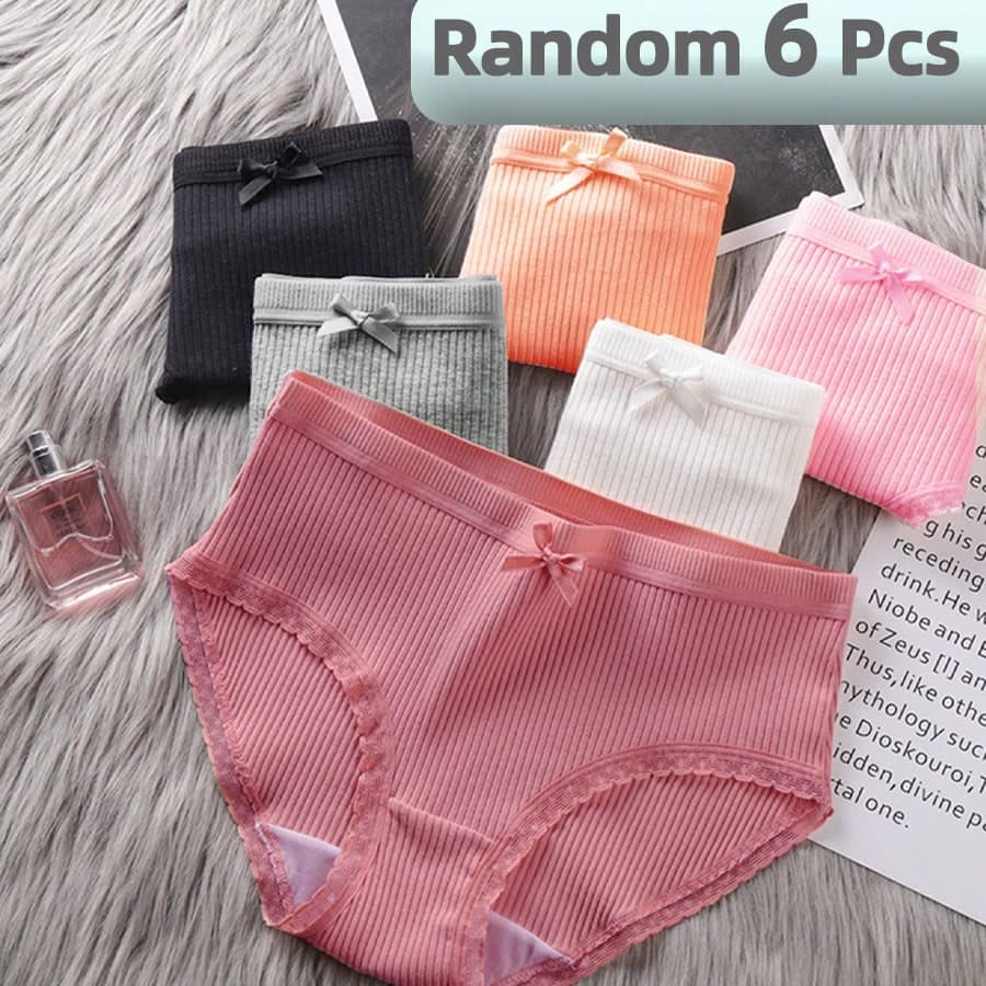 6 pezzi Slip a tinta unita con decorazione a fiocco e costine, in poliestere con bordo in pizzo, biancheria intima quotidiana, colori casuali