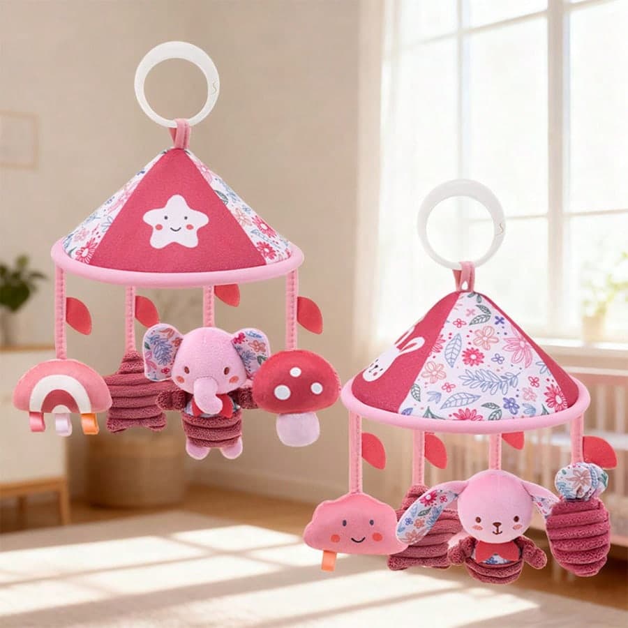 1 pezzo Accessorio per passeggino a forma di ombrello rosa carino e a cartone animato, bambola di peluche appesa al passeggino, adatto come regalo per