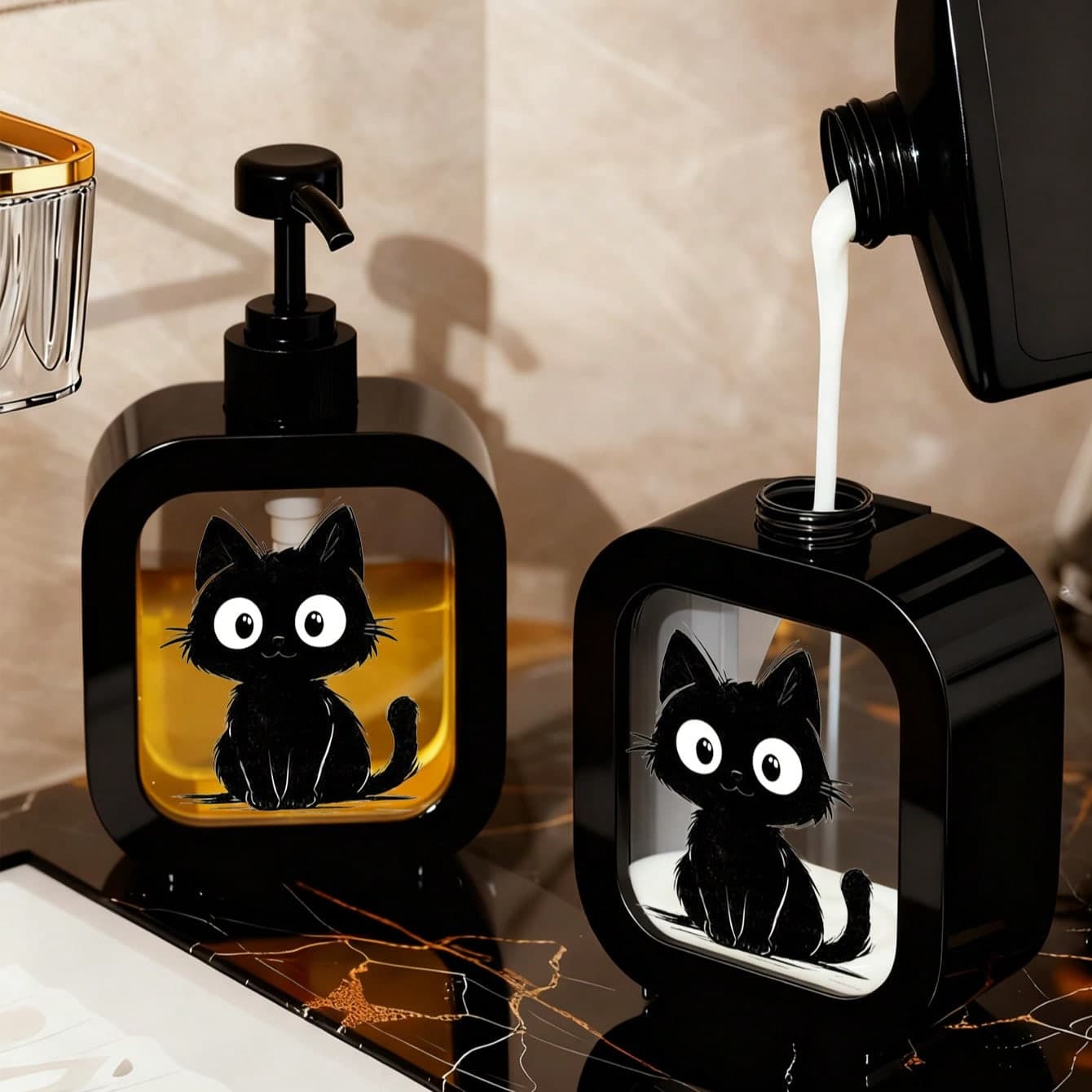 Dispenser di sapone con gatto nero carino e motivo floreale - Bottiglia riutilizzabile con pompa (con testa della pompa), decorazione compatta ed