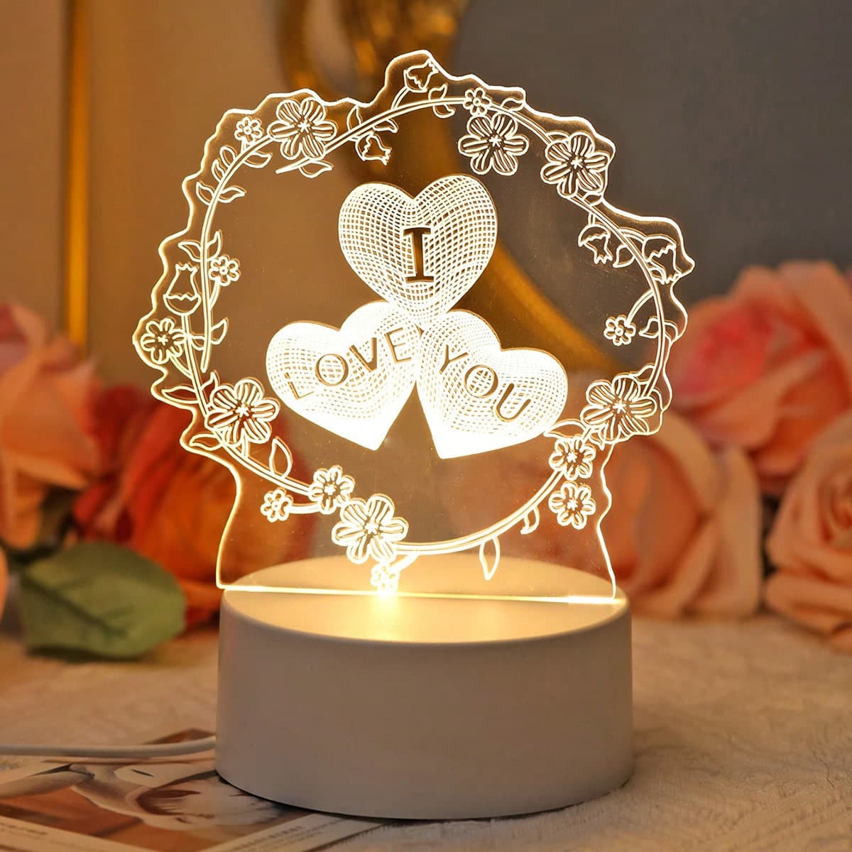 1 pezzo Luce notturna acrilica 3D con motivo LOVE, alimentata tramite USB, lampada con motivo LOVE, perfetta per decorare la camera da letto delle