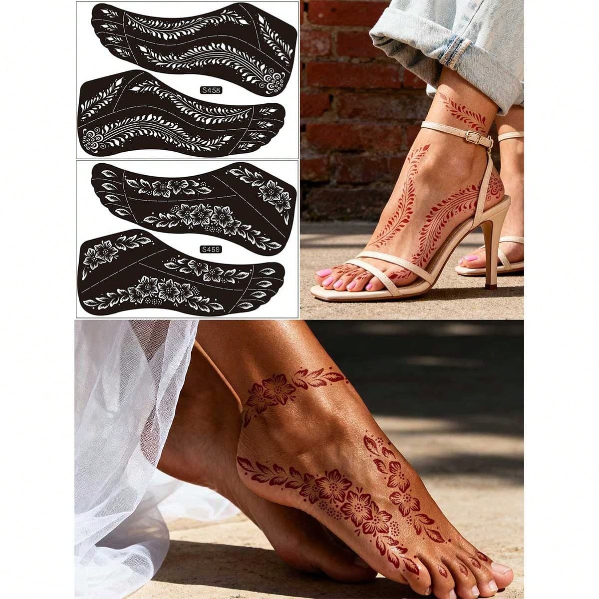2 pezzi Set di stencil per tatuaggi ai piedi, motivi floreali intricati a forma di vite, modelli di tatuaggi temporanei riutilizzabili, strumenti per