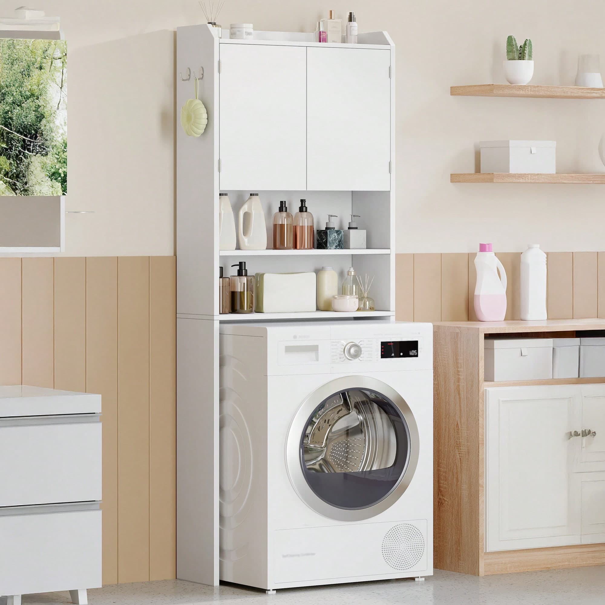 Huaneri Mobile lavatrice, Mobile sopra lavatrice, con 2 ripiani aperti, Porta WC a doppio battente e ripiano regolabile, Stile moderno minimalista, 24