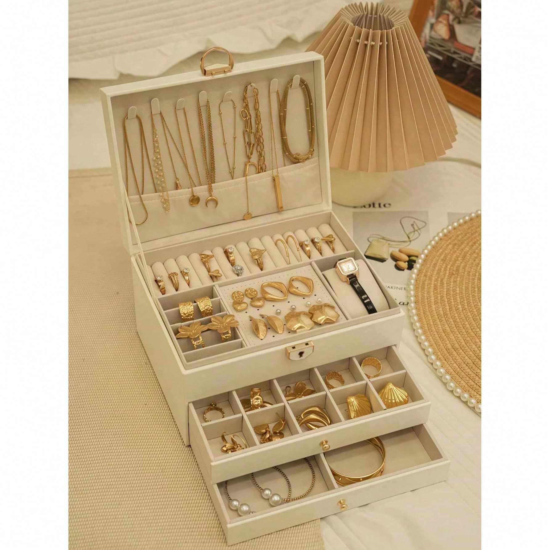 1 pezzo Scatola portaoggetti gioielli a 3 ripiani, organizer per orologi, porta orecchini, espositore per collane, vassoio per bracciali, custodia per