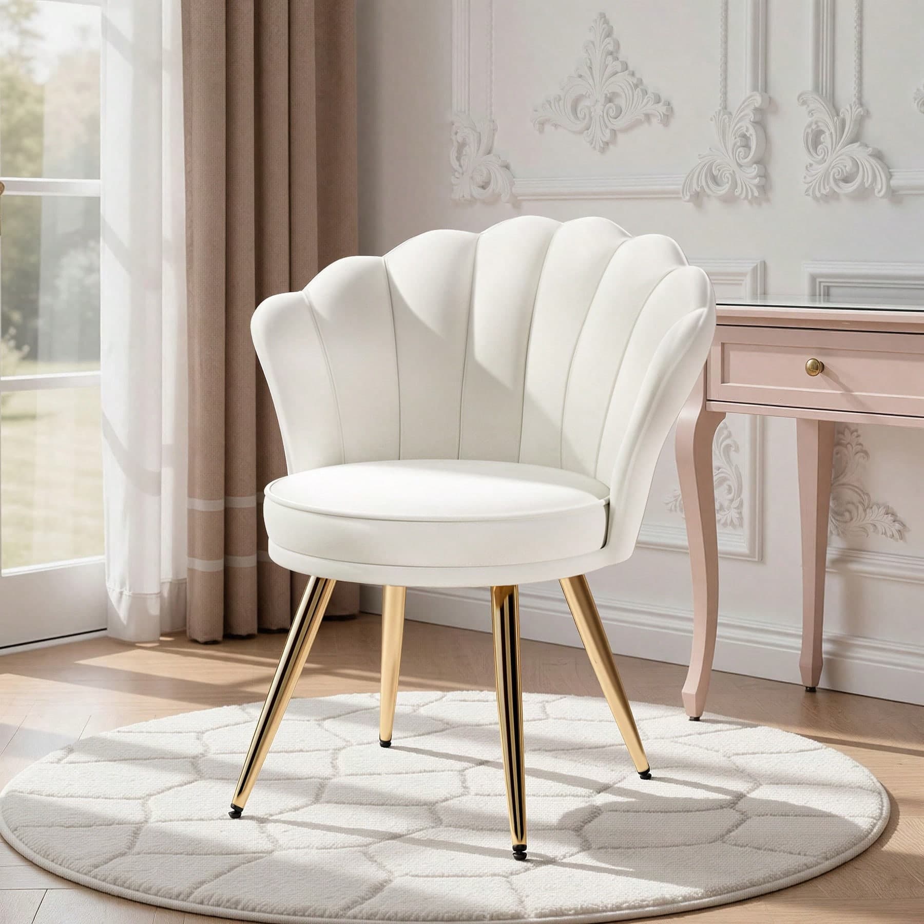 Sedie da sala da pranzo in velluto • Poltrona a conchiglia con schienale e braccioli • Sedia da toeletta • Poltrona imbottita elegante • Sedia
