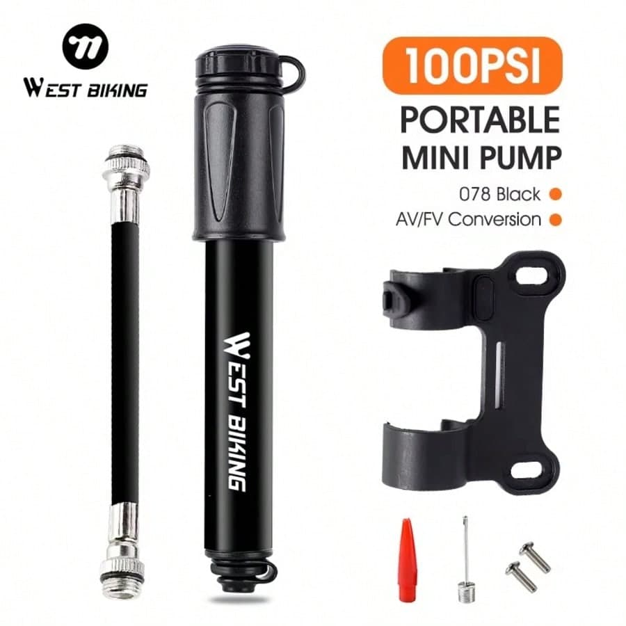Pompa manuale mini per bicicletta WEST BIKING, gonfiatore d'aria per pneumatici con valvole Schrader e Presta, ago per palloni, tubo flessibile,