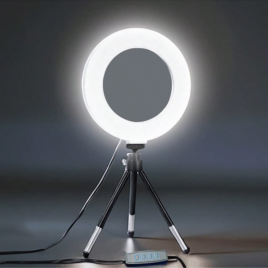 Luce ad anello regolabile con supporto e supporto per telefono, alimentata tramite USB, luce calda 5000K, 3 modalità di colore