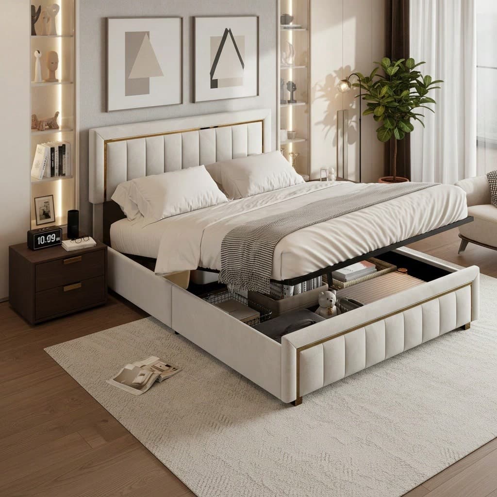 ZSSWSS Letto imbottito con contenitore 140/160x200cm, letto contenitore per adulti, con leva idraulica, letto matrimoniale con testiera strutturata